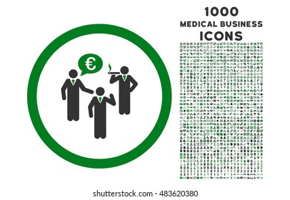Euro Discuss Persons rounded vector bicolor icon with 1000 medical business icons. Set style is flat pictograms, green and gray colors, white background.
