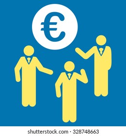 Euro Discussion vector icon. Style is bicolor flat symbol, yellow and white colors, rounded angles, blue background.