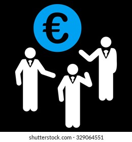 Euro Discussion vector icon. Style is bicolor flat symbol, blue and white colors, rounded angles, black background.