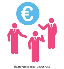 Euro Discussion vector icon. Style is bicolor flat symbol, pink and blue colors, rounded angles, white background.
