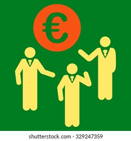 Euro Discussion vector icon. Style is bicolor flat symbol, orange and yellow colors, rounded angles, green background.