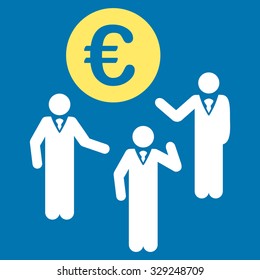 Euro Discussion vector icon. Style is bicolor flat symbol, yellow and white colors, rounded angles, blue background.