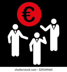 Euro Discussion vector icon. Style is bicolor flat symbol, red and white colors, rounded angles, black background.