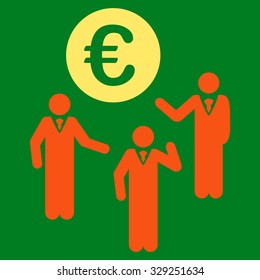 Euro Discussion vector icon. Style is bicolor flat symbol, orange and yellow colors, rounded angles, green background.