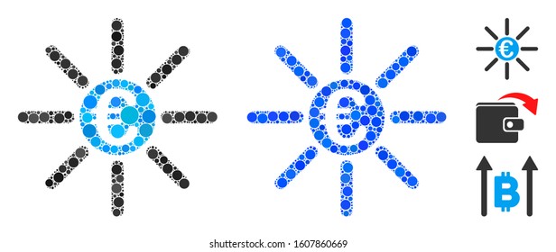 Euro distribution composition of filled circles in variable sizes and shades, based on Euro distribution icon. Vector random circles are grouped into blue composition.