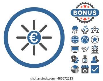 Euro Distribution icon with bonus pictogram. Vector illustration style is flat iconic bicolor symbols, cobalt and gray colors, white background.