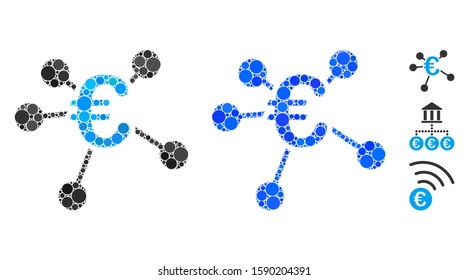 Euro distribution mosaic of small circles in different sizes and color tones, based on Euro distribution icon. Vector random circles are combined into blue mosaic.