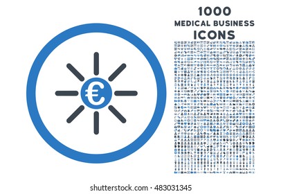 Euro Distribution rounded vector bicolor icon with 1000 medical business icons. Set style is flat pictograms, smooth blue colors, white background.