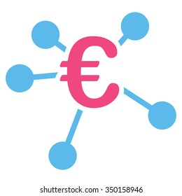 Euro Distribution vector icon. Style is bicolor flat symbol, pink and blue colors, rounded angles, white background.