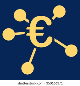 Euro Distribution vector icon. Style is flat symbol, yellow color, rounded angles, blue background.