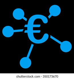 Euro Distribution vector icon. Style is flat symbol, blue color, rounded angles, black background.