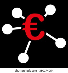 Euro Distribution vector icon. Style is bicolor flat symbol, red and white colors, rounded angles, black background.