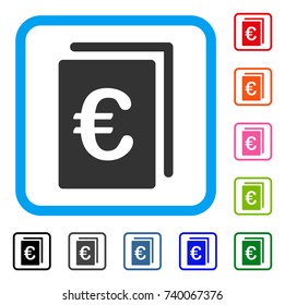 Euro Document icon. Flat grey pictogram symbol inside a light blue rounded squared frame. Black, gray, green, blue, red, orange color variants of Euro Document vector.