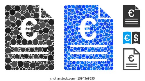 Euro document mosaic of small circles in variable sizes and shades, based on Euro document icon. Vector small circles are combined into blue mosaic.