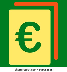 Euro Document vector icon. Style is bicolor flat symbol, orange and yellow colors, rounded angles, green background.