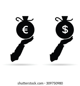 euro and dollar in bag black vector silhouette