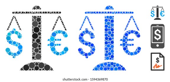 Euro Dollar balance composition of small circles in different sizes and color hues, based on Euro Dollar balance icon. Vector small circles are united into blue composition.
