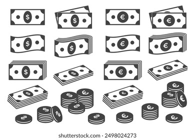 Euro and dollar banknotes and cents set. Payment paper money icons. Finance banking icons for design. Vector currency elements isolate.