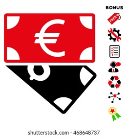 Euro and Dollar Banknotes icon with bonus pictograms. Vector illustration style is flat iconic bicolor symbols, intensive red and black colors, white background, rounded angles.