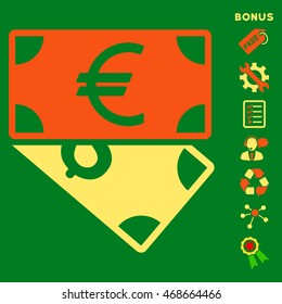 Euro and Dollar Banknotes icon with bonus pictograms. Vector illustration style is flat iconic bicolor symbols, orange and yellow colors, green background, rounded angles.
