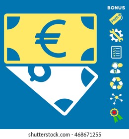 Euro and Dollar Banknotes icon with bonus pictograms. Vector illustration style is flat iconic bicolor symbols, yellow and white colors, blue background, rounded angles.
