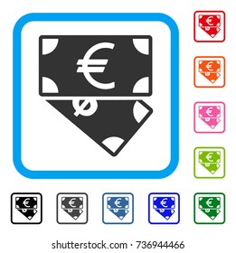 Euro And Dollar Banknotes icon. Flat gray pictogram symbol inside a light blue rounded rectangle. Black, gray, green, blue, red, orange color additional versions of Euro And Dollar Banknotes vector.