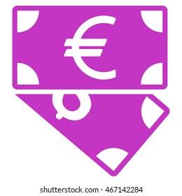 Euro and Dollar Banknotes icon. Vector style is flat iconic symbol with rounded angles, violet color, white background.
