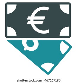 Euro and Dollar Banknotes icon. Vector style is bicolor flat iconic symbol with rounded angles, soft blue colors, white background.