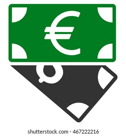 Euro and Dollar Banknotes icon. Vector style is bicolor flat iconic symbol with rounded angles, green and gray colors, white background.