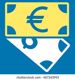 Euro and Dollar Banknotes icon. Vector style is bicolor flat iconic symbol with rounded angles, yellow and white colors, blue background.