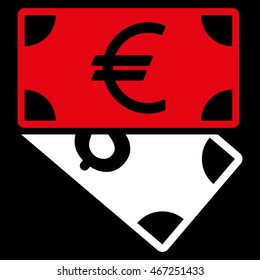 Euro and Dollar Banknotes icon. Vector style is bicolor flat iconic symbol with rounded angles, red and white colors, black background.