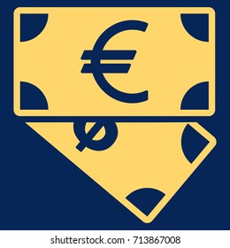 Euro And Dollar Banknotes vector icon. Flat yellow symbol. Pictogram is isolated on a blue background. Designed for web and software interfaces.