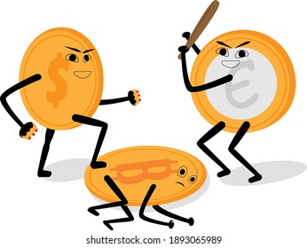 Euro and dollar beating bitcoin isolated on a white background.