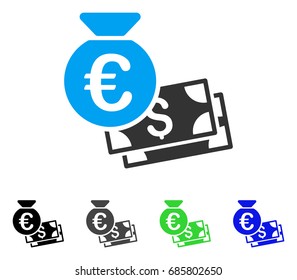 Euro And Dollar Cash flat vector pictograph. Colored euro and dollar cash gray, black, blue, green pictogram variants. Flat icon style for web design.