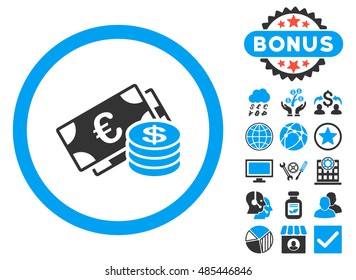 Euro and Dollar Cash icon with bonus symbols. Vector illustration style is flat iconic bicolor symbols, blue and gray colors, white background.