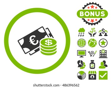 Euro and Dollar Cash icon with bonus elements. Vector illustration style is flat iconic bicolor symbols, eco green and gray colors, white background.