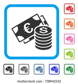 Euro And Dollar Cash icon. Flat gray pictogram symbol inside a light blue rounded rectangle. Black, gray, green, blue, red, orange color additional versions of Euro And Dollar Cash vector.