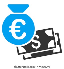 Euro and Dollar Cash icon. Vector style is bicolor flat iconic symbol, blue and gray colors, white background.