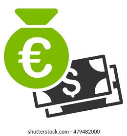 Euro and Dollar Cash icon. Vector style is bicolor flat iconic symbol, eco green and gray colors, white background.