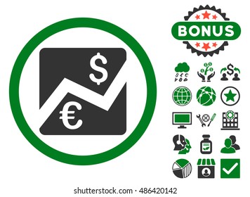 Euro Dollar Chart icon with bonus design elements. Vector illustration style is flat iconic bicolor symbols, green and gray colors, white background.