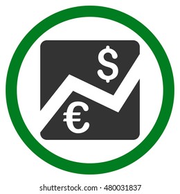 Euro Dollar Chart vector bicolor rounded icon. Image style is a flat icon symbol inside a circle, green and gray colors, white background.