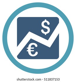 Euro Dollar Chart vector bicolor rounded icon. Image style is a flat icon symbol inside a circle, cyan and blue colors, white background.