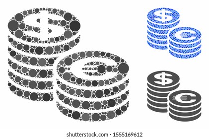 Euro and Dollar coin columns composition of filled circles in different sizes and color tinges, based on Euro and Dollar coin columns icon. Vector filled circles are grouped into blue collage.