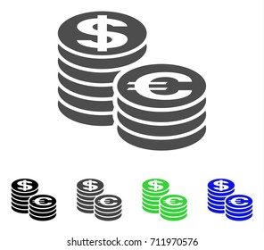 Euro And Dollar Coin Columns icon. Vector illustration style is a flat iconic euro and dollar coin columns symbol with black, grey, green, blue color versions.