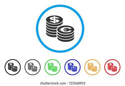 Euro And Dollar Coin Columns rounded icon. Style is a flat euro and dollar coin columns gray symbol inside light blue circle with black, gray, green, blue, red, orange color versions.