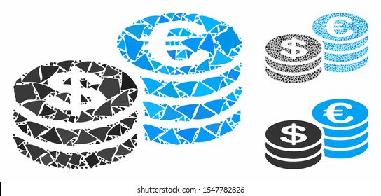 Euro and Dollar coins composition of joggly items in various sizes and color hues, based on Euro and Dollar coins icon. Vector irregular items are composed into composition.