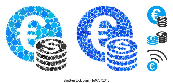 Euro and Dollar coins composition of round dots in various sizes and color hues, based on Euro and Dollar coins icon. Vector round dots are combined into blue composition.