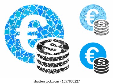 Euro and Dollar coins composition of rugged pieces in various sizes and color tints, based on Euro and Dollar coins icon. Vector rugged elements are organized into collage.