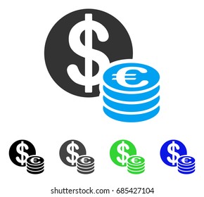 Euro And Dollar Coins flat vector pictograph. Colored euro and dollar coins gray, black, blue, green pictogram versions. Flat icon style for web design.