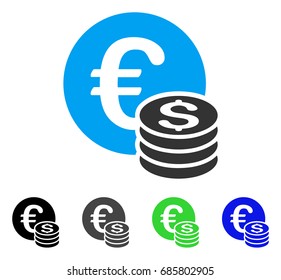 Euro And Dollar Coins flat vector icon. Colored euro and dollar coins gray, black, blue, green pictogram versions. Flat icon style for graphic design.